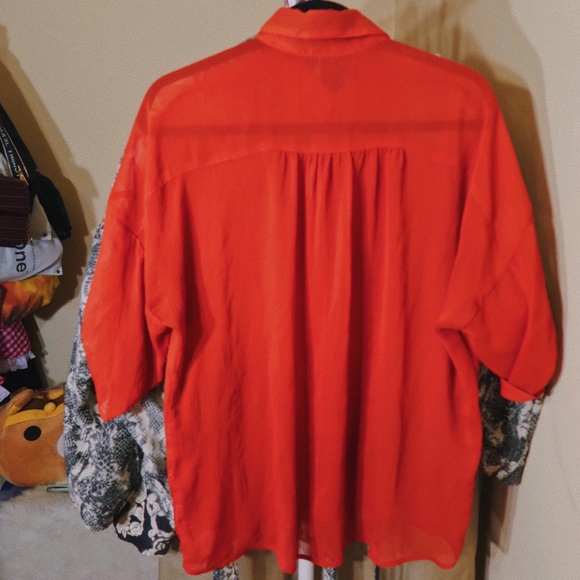 Oversized Semi-Sheer Orange Button Down Shirt - Picture 2 of 3